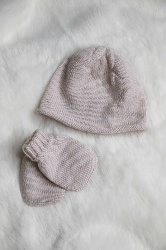 PERINNE - Kit bonnet et moufles de naissance 100% laines - Rose